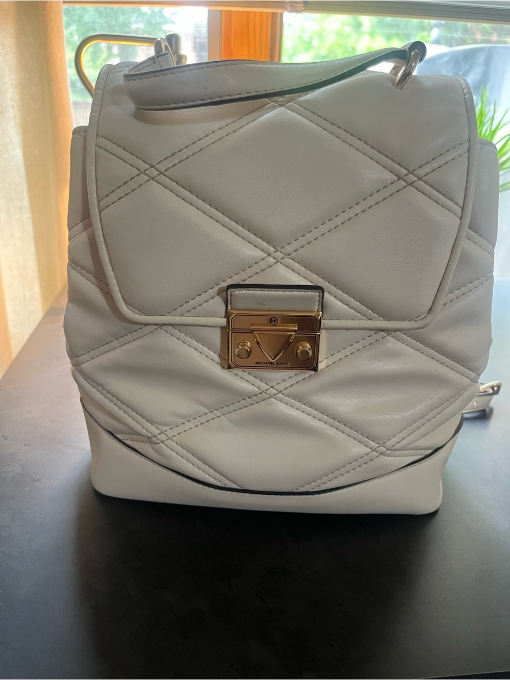Michael Kors Quilted White Leather Backpack with Gold Lock